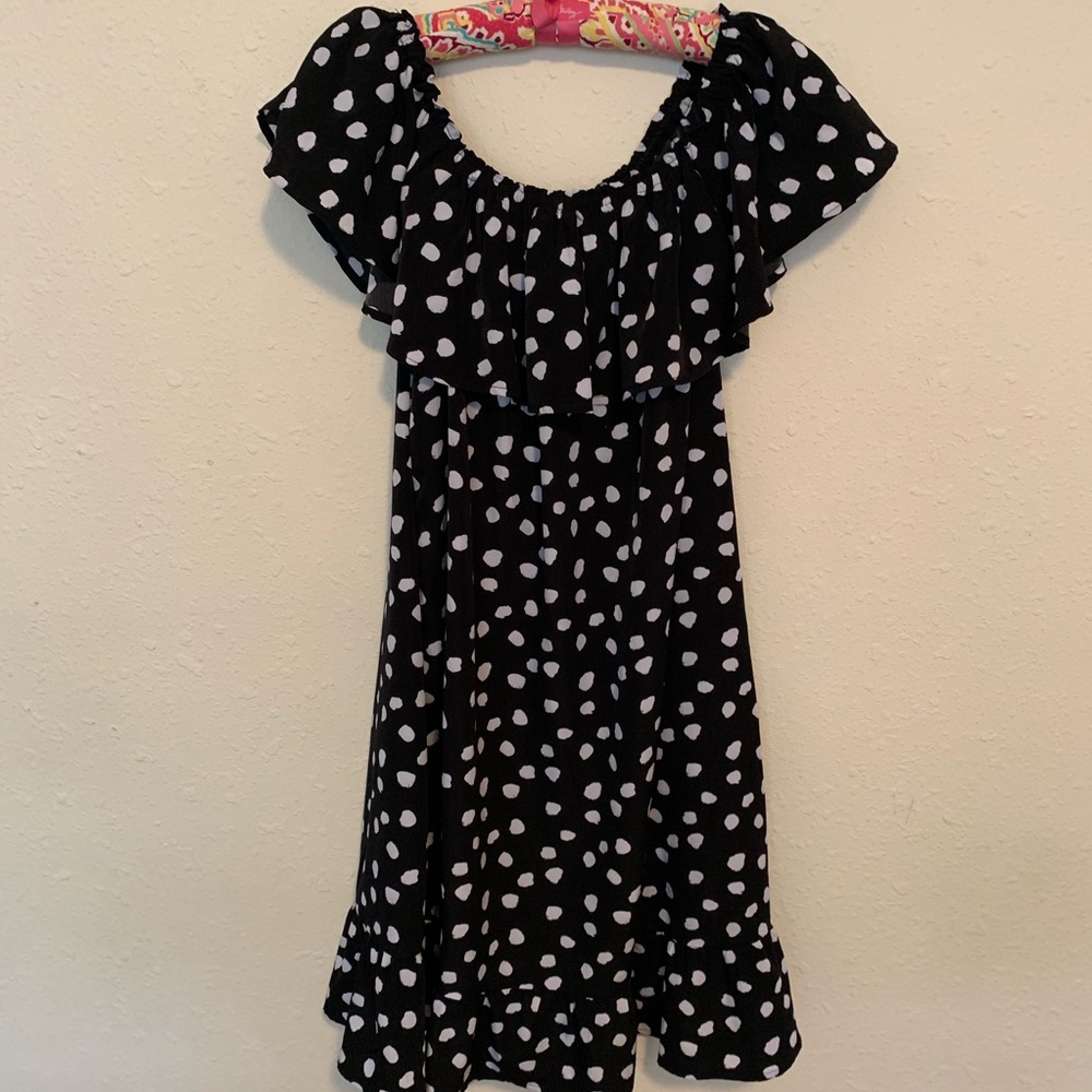 Black and white polka dot off the shoulder dress